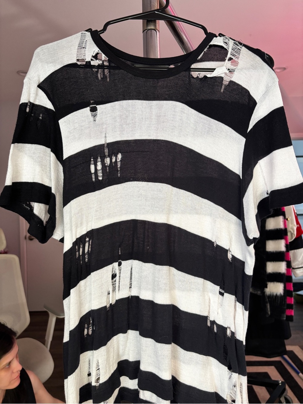 Amira Black and White Distressed Striped Tee